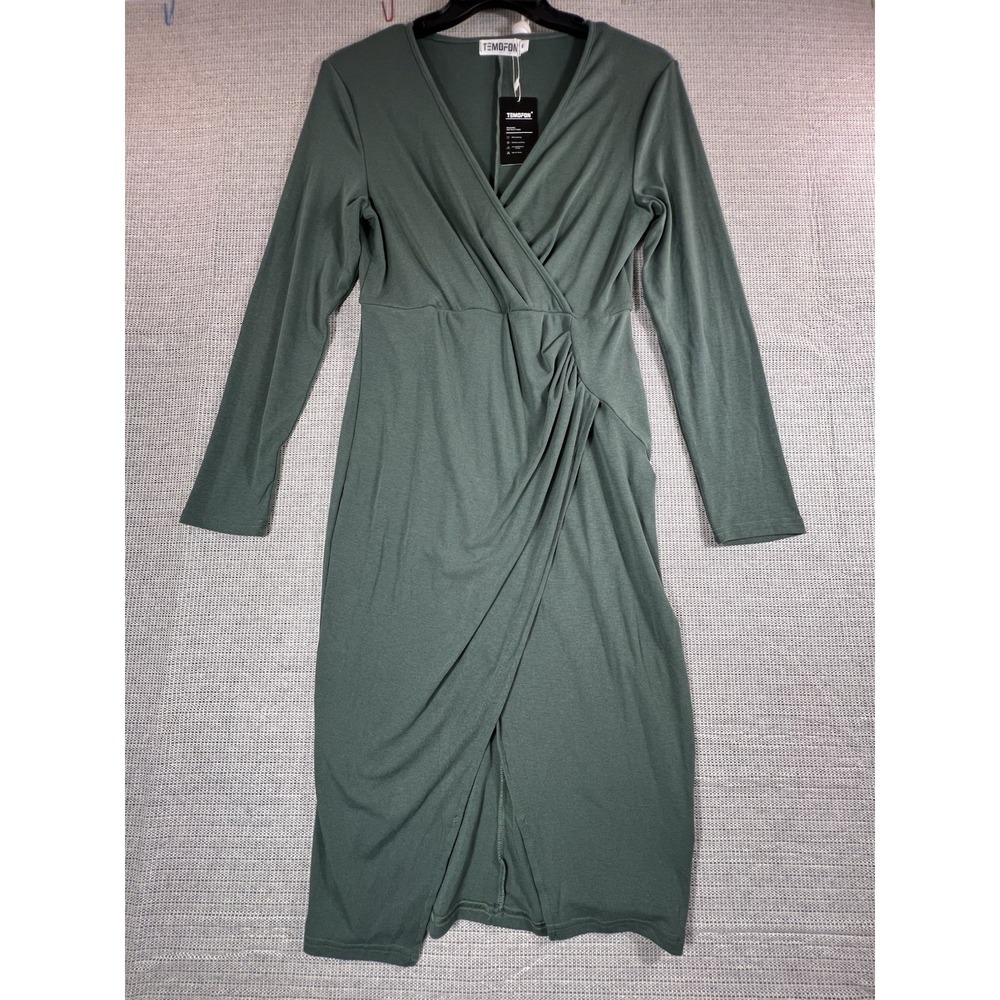 Temofon Long Sleeve Ribbed Wrap‎ Midi Dress Ruched Green Size M